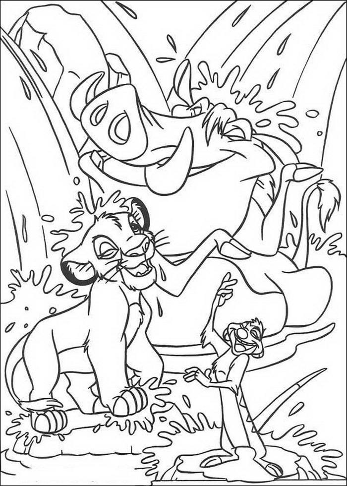 Print Simba, Timon en Pumba onder de waterval kleurplaat